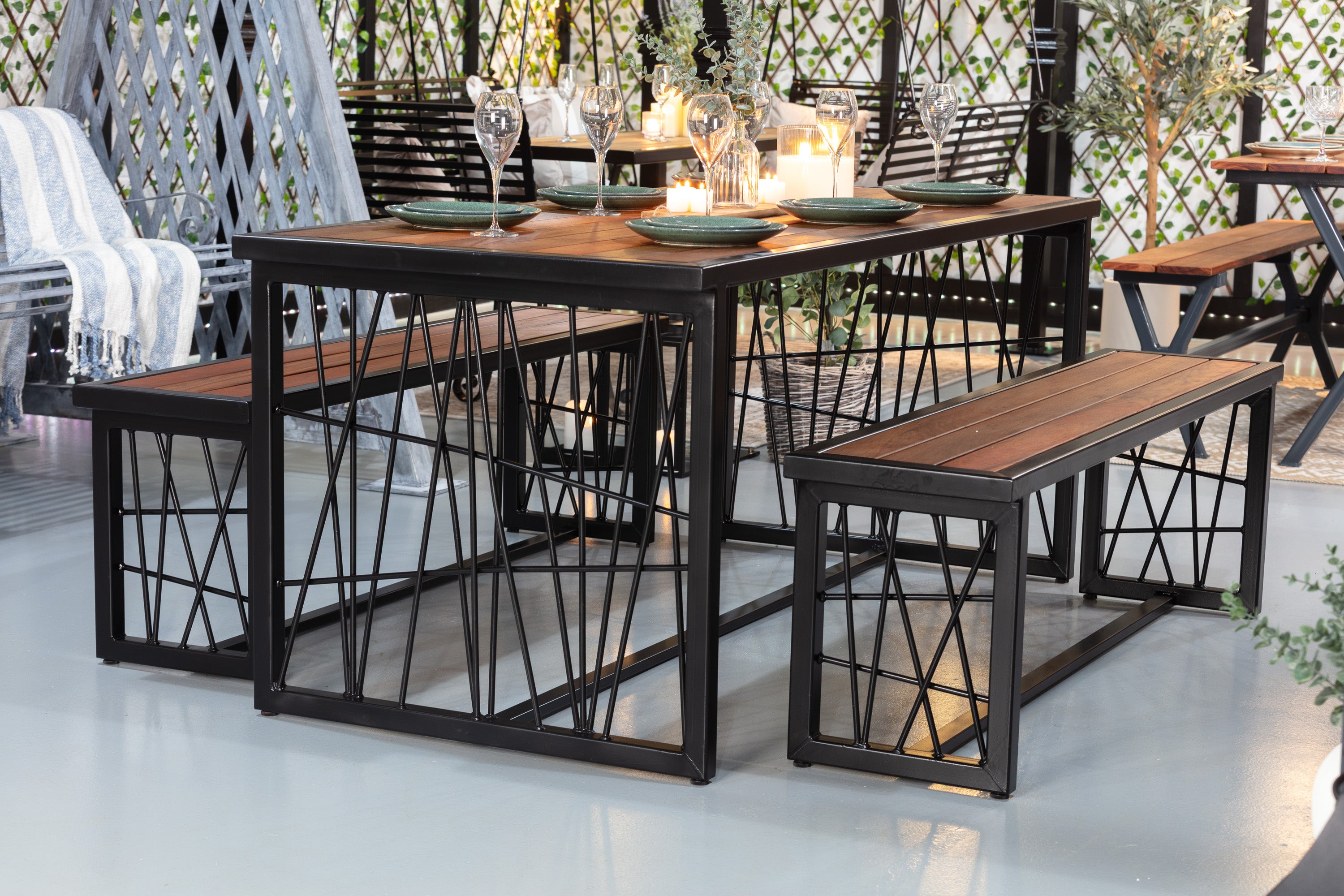 Galvanised Steel Garden Dining Table & Bench Set | IPE Hardwood Tops
