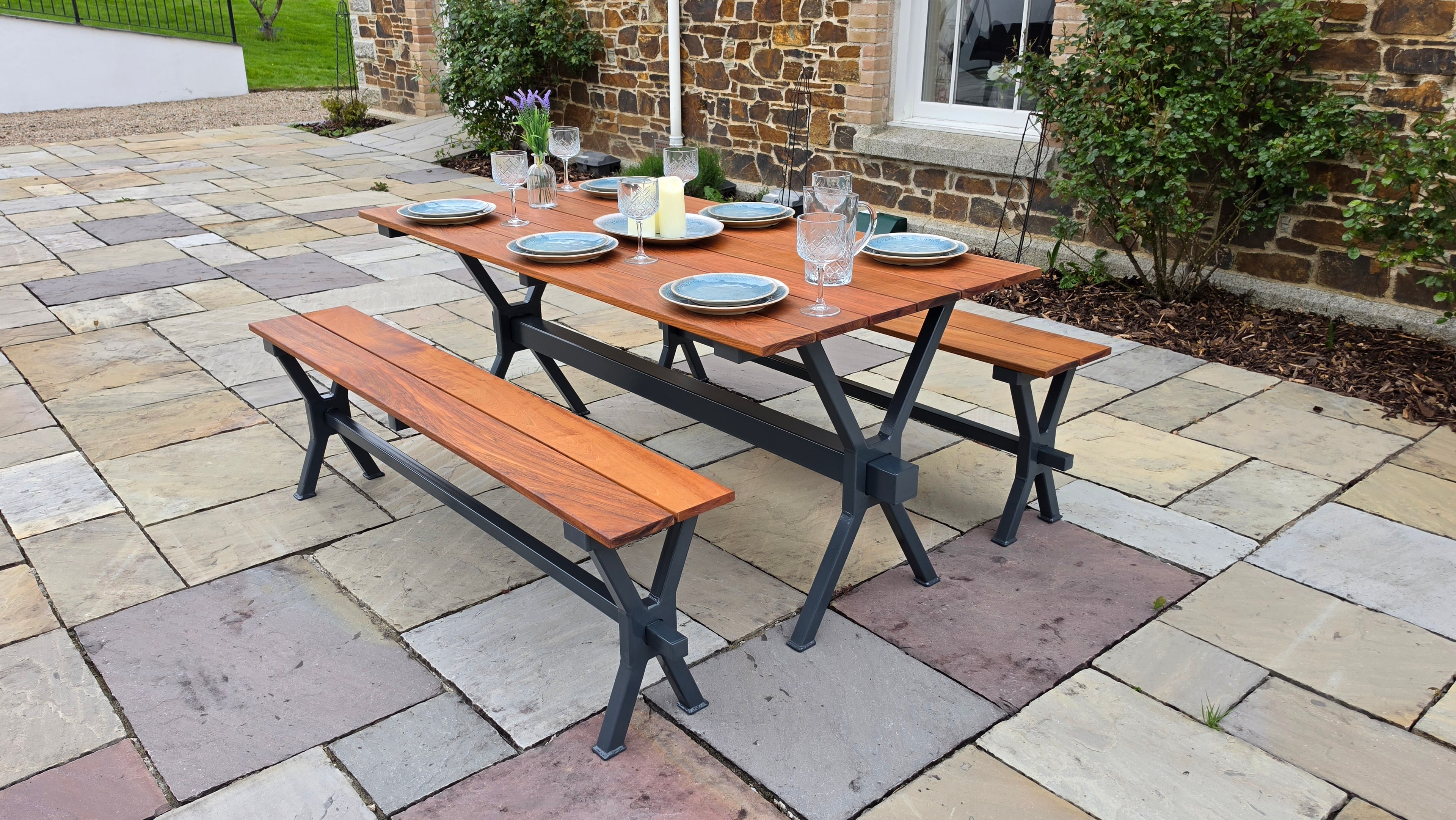 Galvanised Steel Garden Dining Set | Anthracite Grey & Jatoba Hardwood Tops