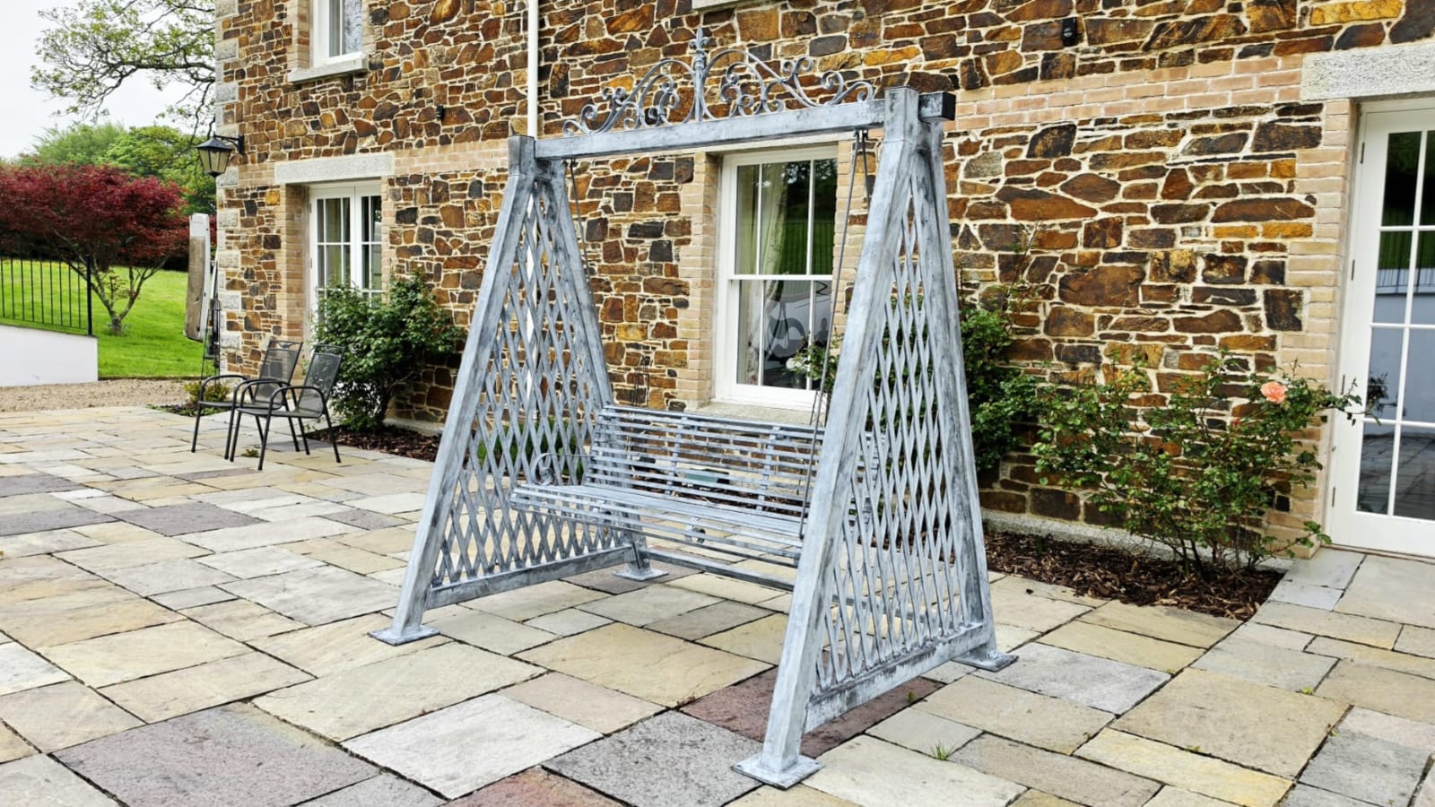 Bespoke Galvanised Steel Garden Swing Chair | Decorative Lattice Frame & Aged Finish