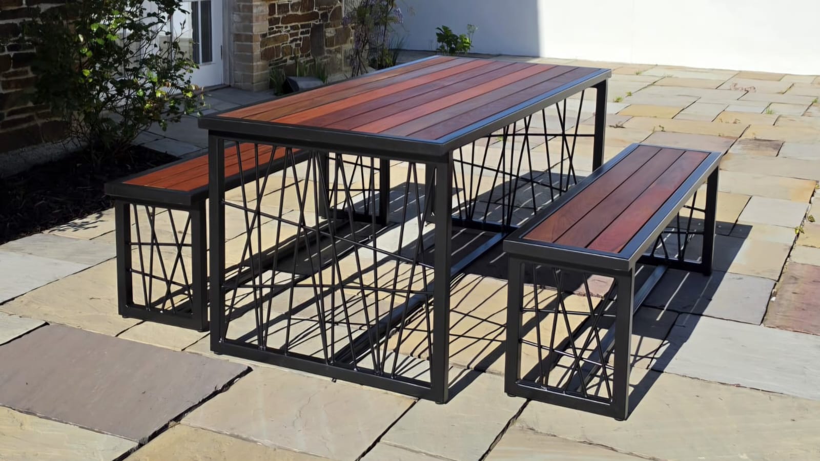 Galvanised Steel Garden Dining Table & Bench Set | IPE Hardwood Tops