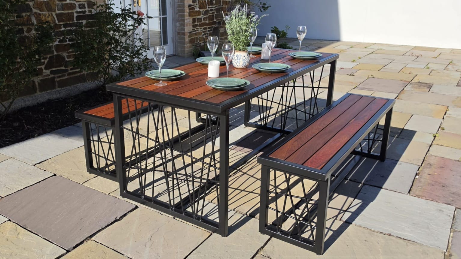 Galvanised Steel Garden Dining Table & Bench Set | IPE Hardwood Tops