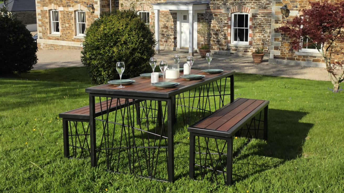 Galvanised Steel Garden Dining Table & Bench Set | IPE Hardwood Tops