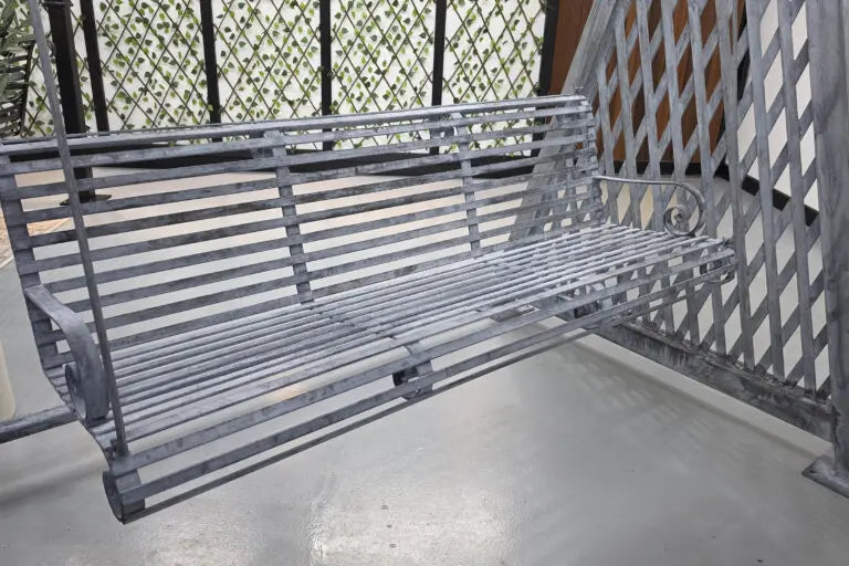 Bespoke Galvanised Steel Garden Swing Chair | Decorative Lattice Frame & Aged Finish