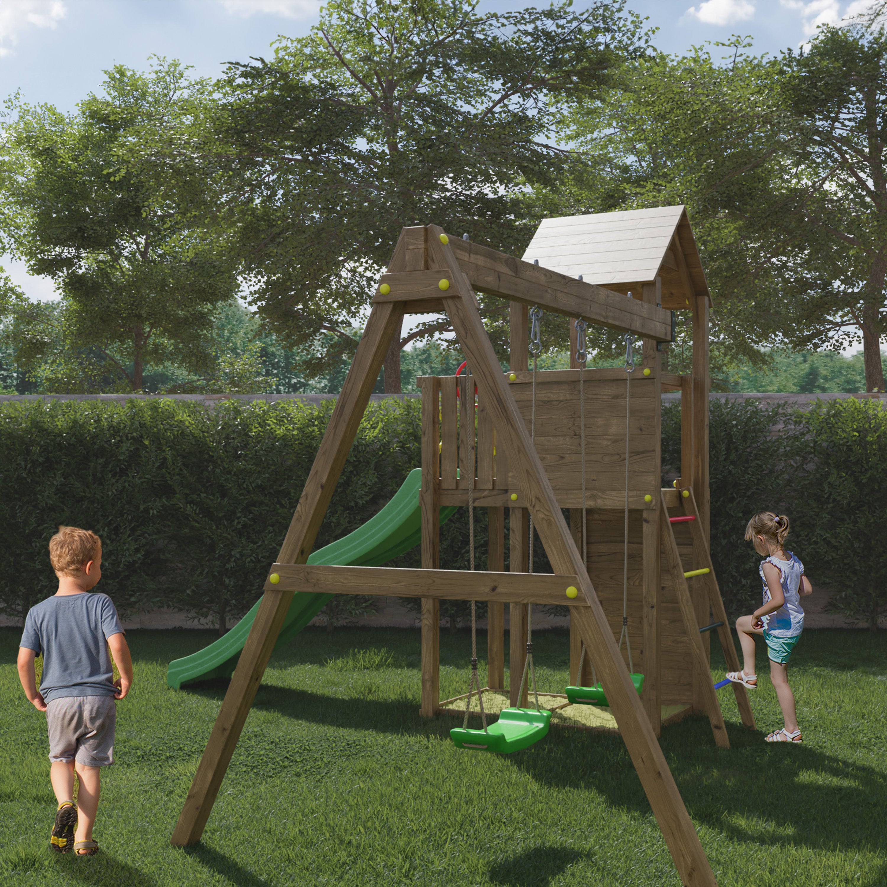 Boomer Premium Wooden Play Tower | Outdoor Kids Climbing Frame