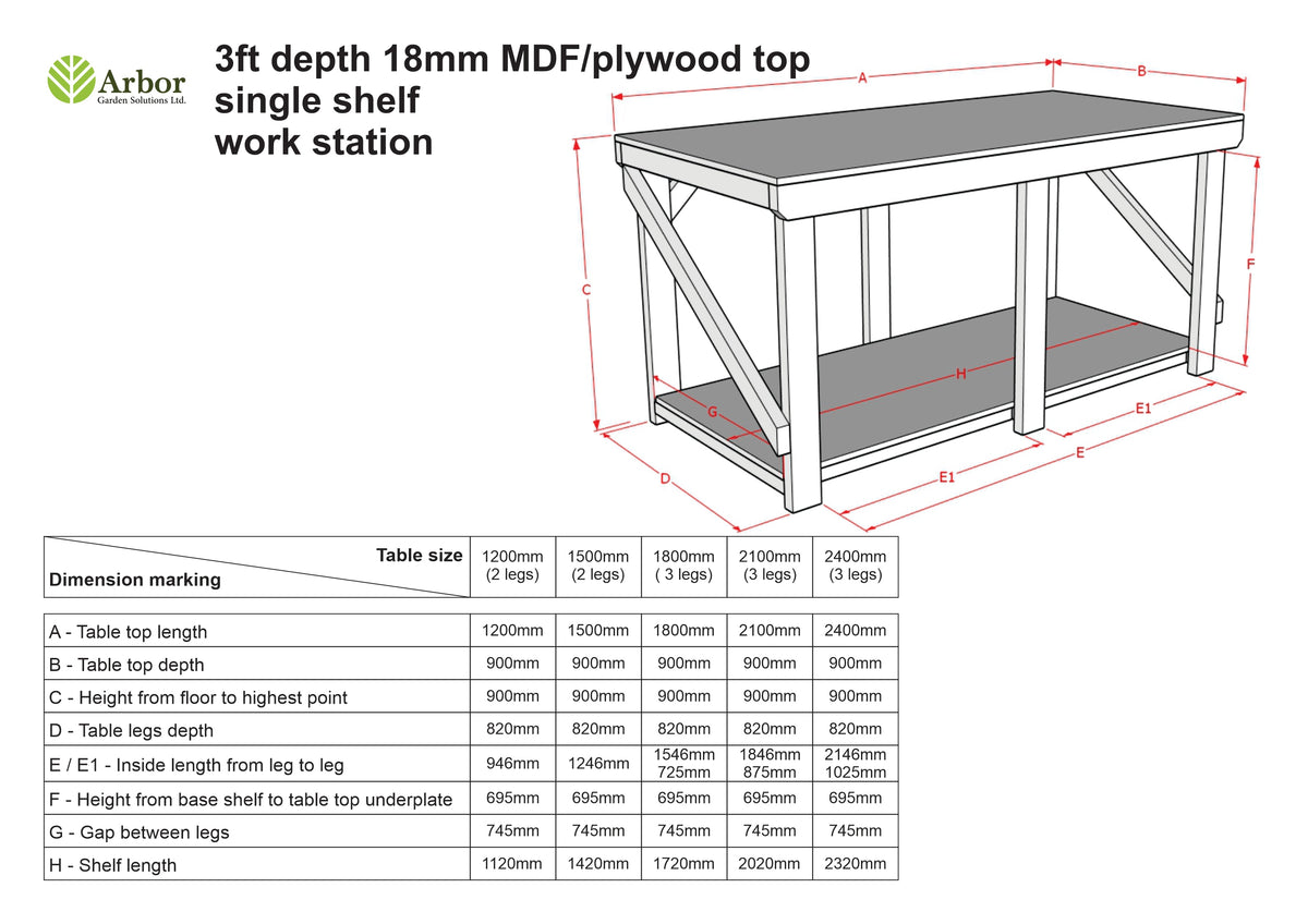 Wooden Workbench Eucalyptus Hardwood Top Depth-3ft