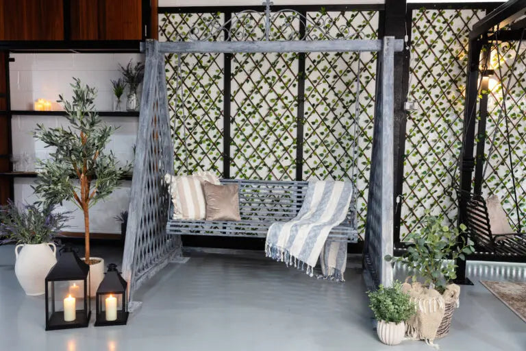 Bespoke Galvanised Steel Garden Swing Chair | Decorative Lattice Frame & Aged Finish