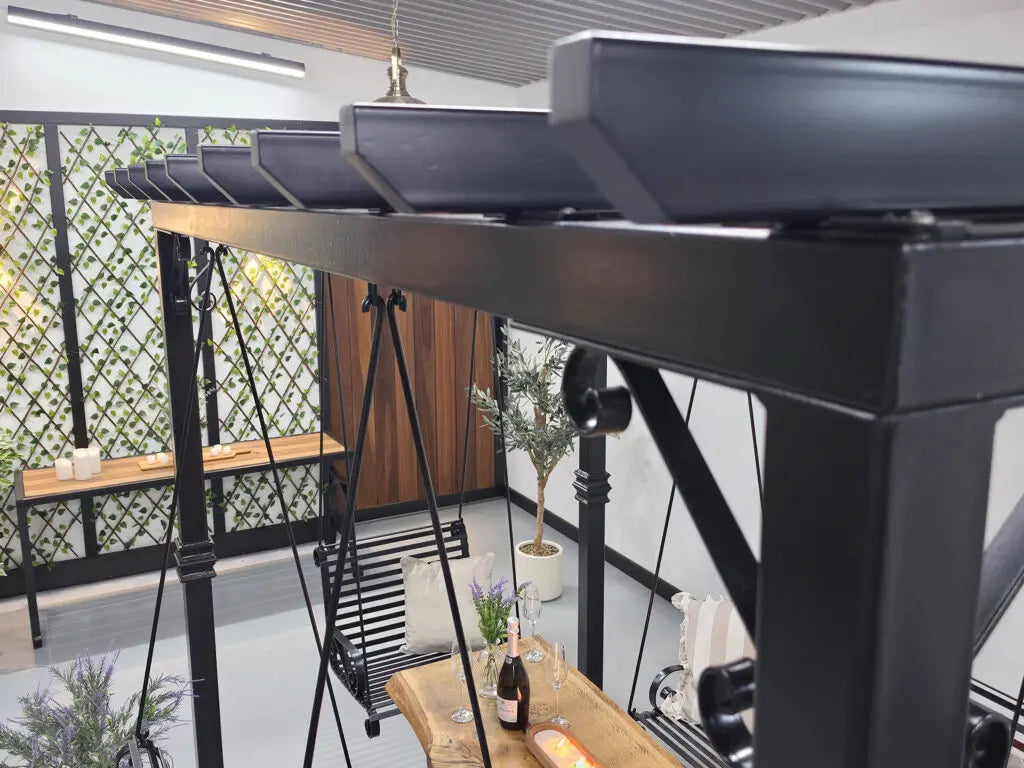 Bespoke Galvanised Steel Garden Pergola with Swing Seating & IPE Hardwood Table