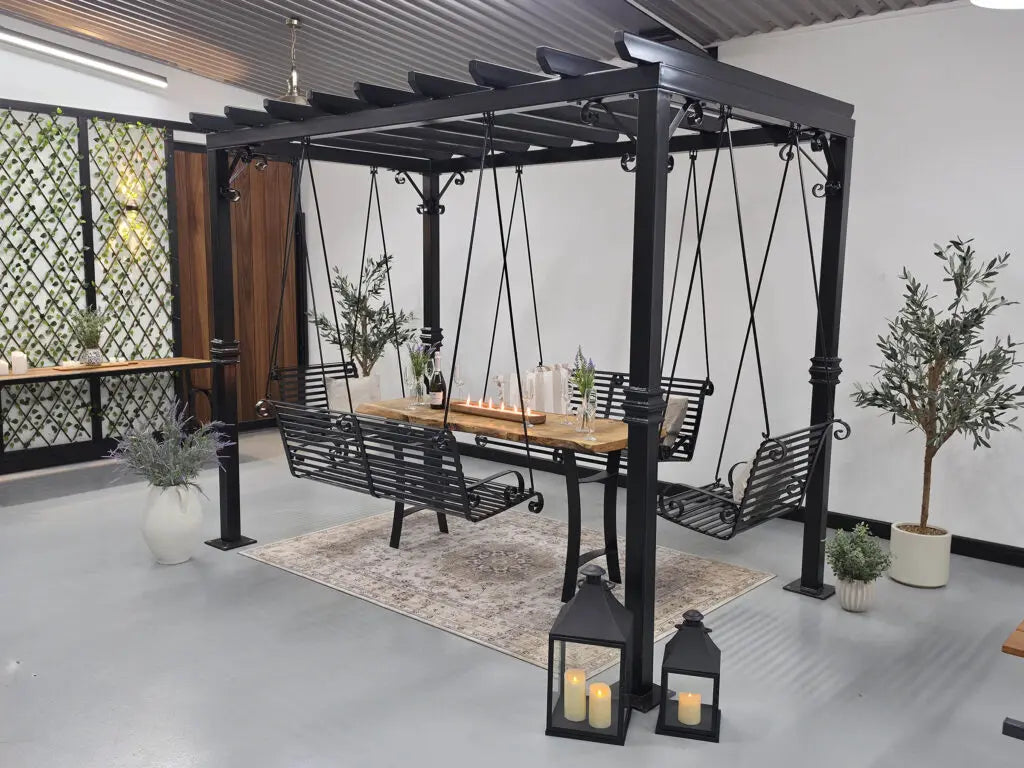 Bespoke Galvanised Steel Garden Pergola with Swing Seating & IPE Hardwood Table