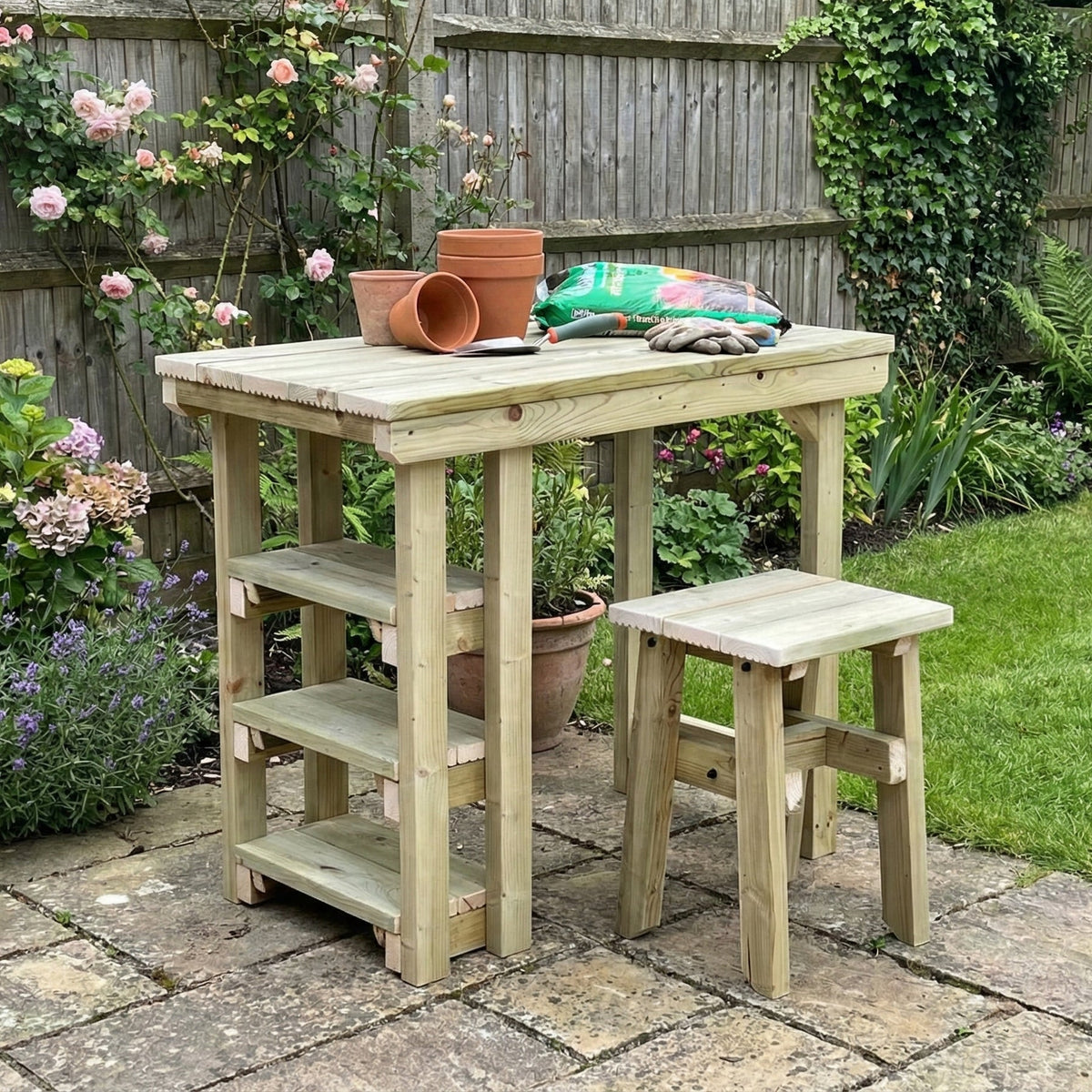 Garden potting table, multi purpose workbench (106cm + chair)