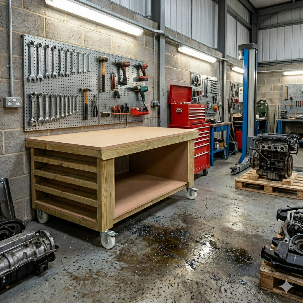 Wooden Workbench MDF Top with Extra shelving Depth-4ft