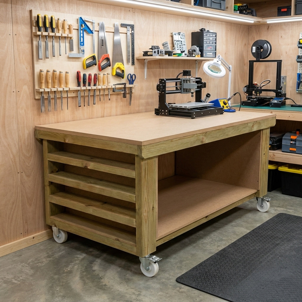 Wooden Workbench MDF Top with Extra shelving Depth-4ft
