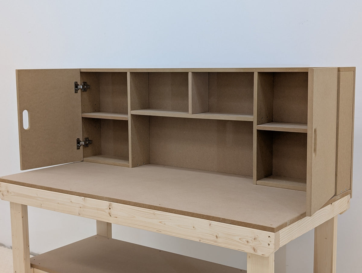 Wooden MDF top workbench with cupboard back panel and base shelf