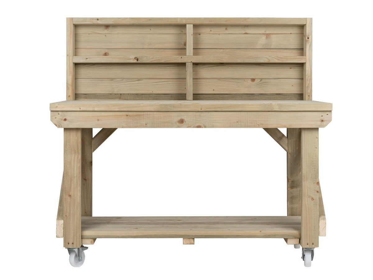 Indoor/outdoor workbench, pressure treated bench with back panel and wheels