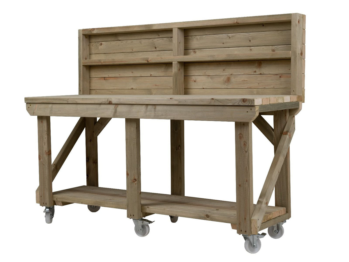 Indoor/outdoor workbench, pressure treated bench with back panel and wheels