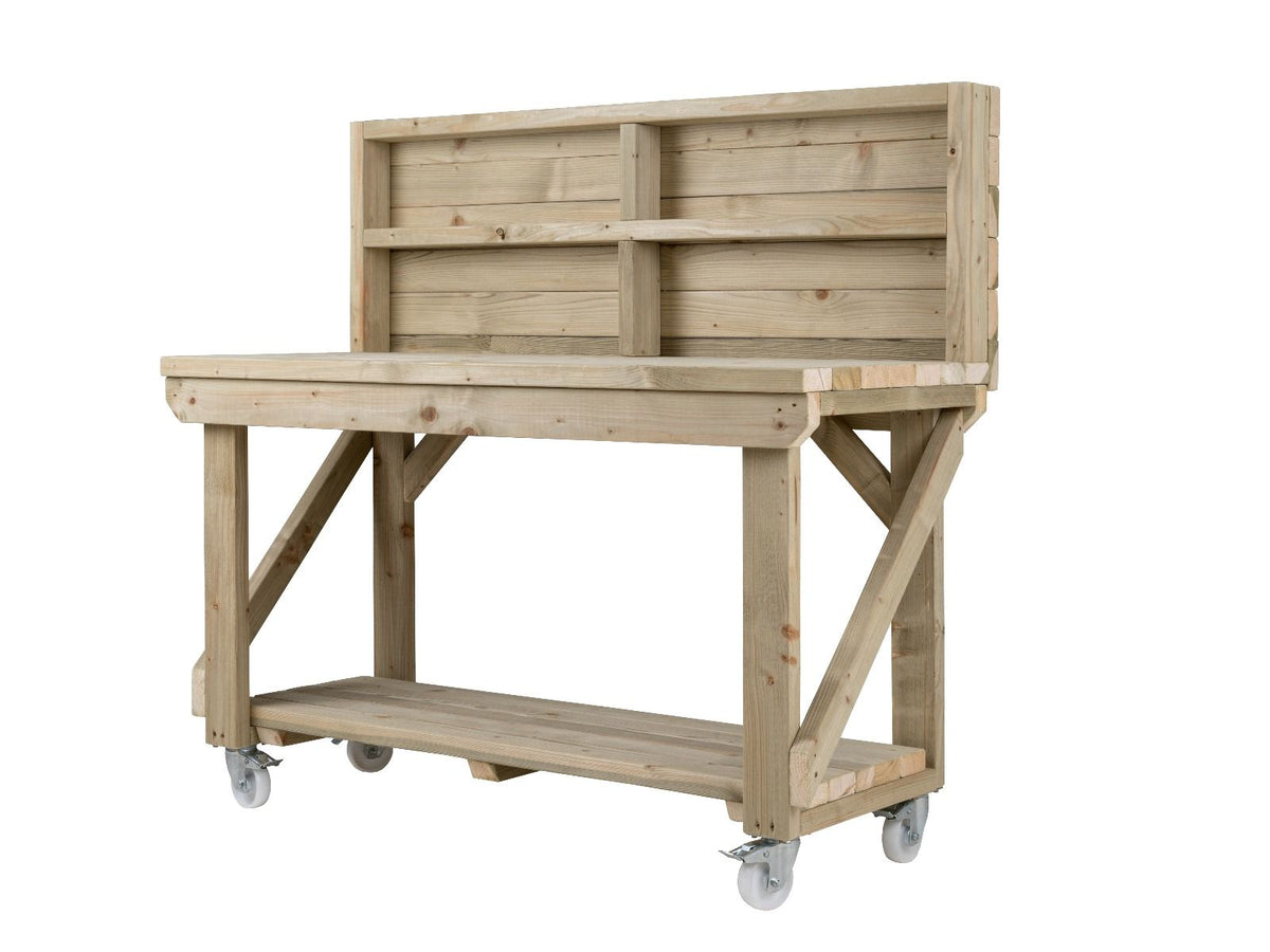 Indoor/outdoor workbench, pressure treated bench with back panel and wheels