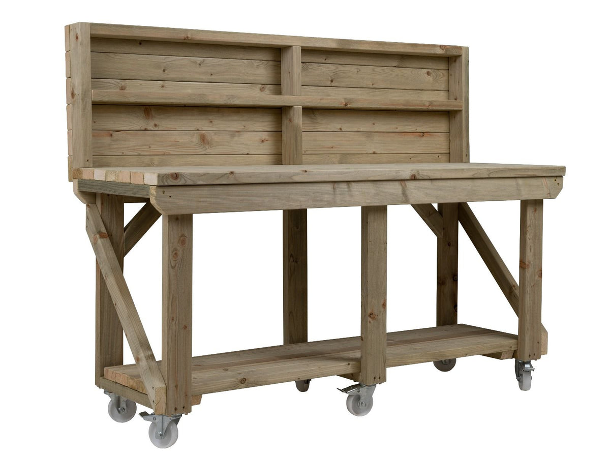 Indoor/outdoor workbench, pressure treated bench with back panel and wheels