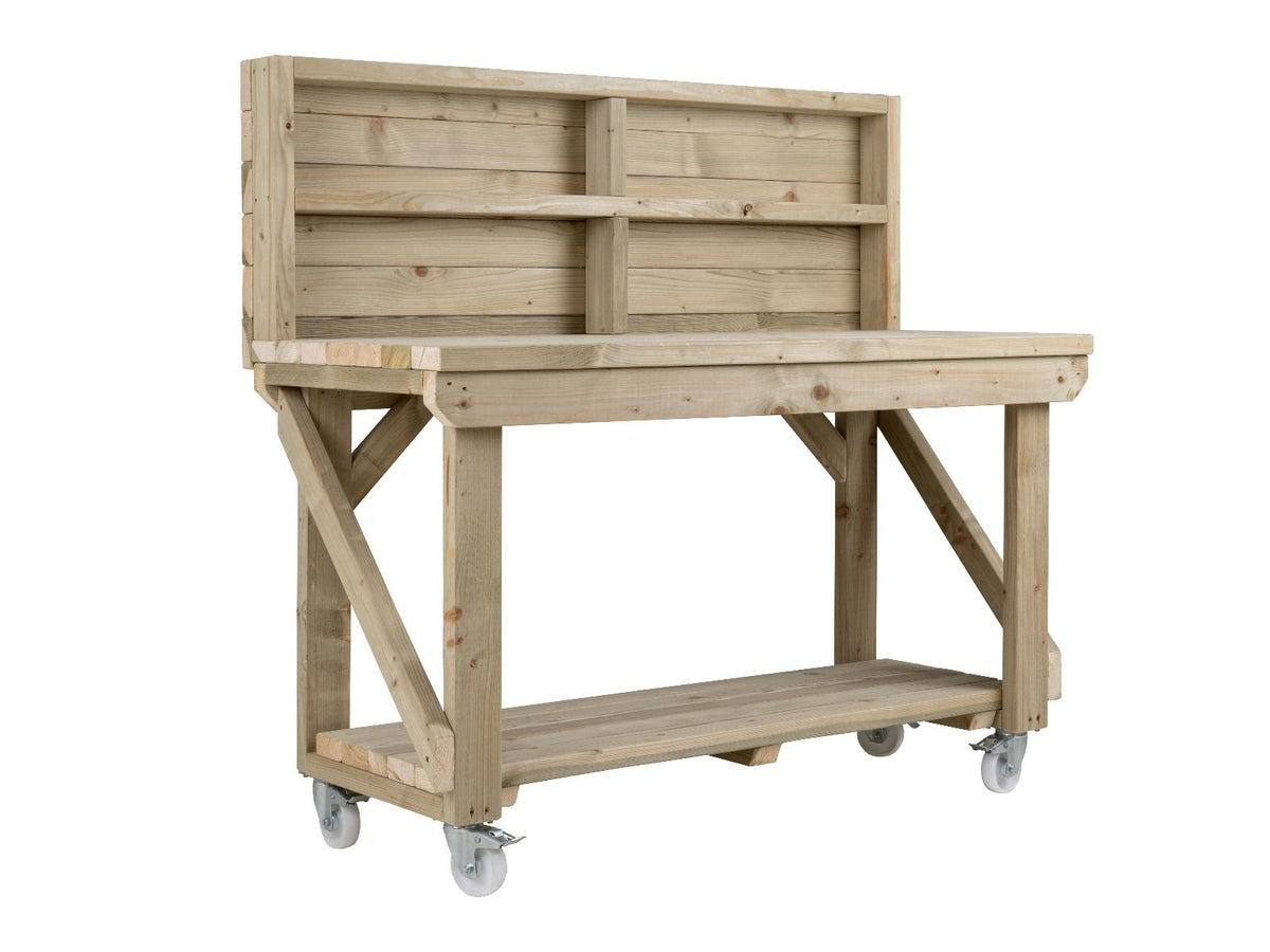 Indoor/outdoor workbench, pressure treated bench with back panel and wheels