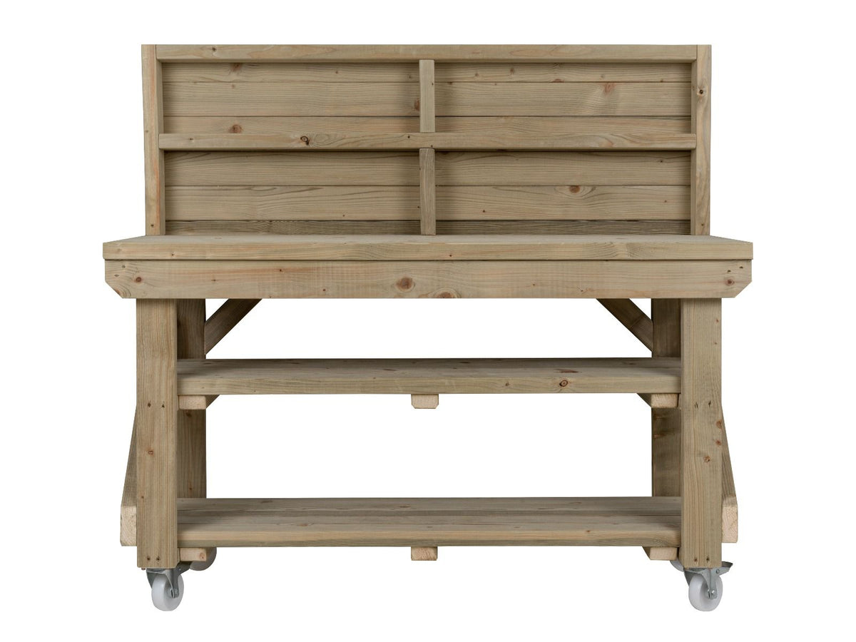 Indoor/outdoor workbench, pressure treated bench with back panel and wheels