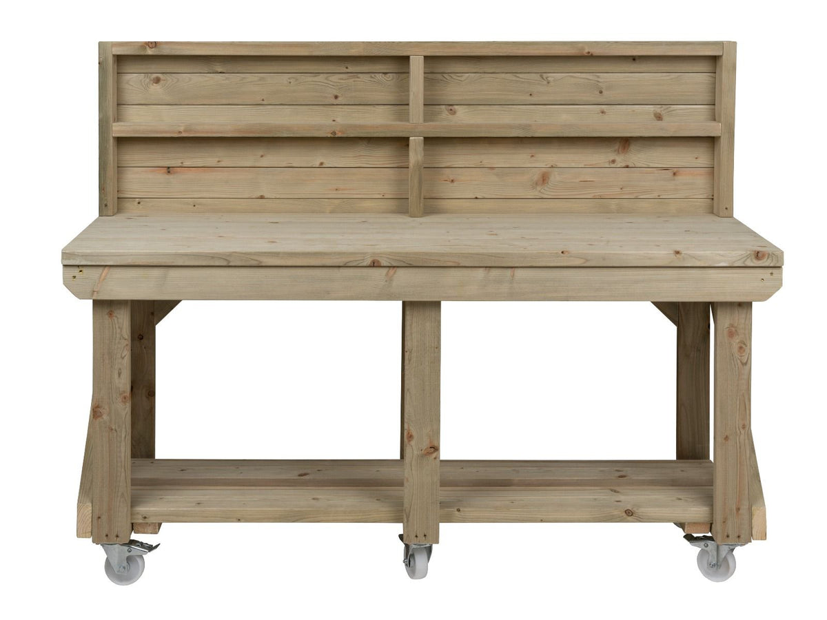 Indoor/outdoor workbench, pressure treated bench with back panel and wheels