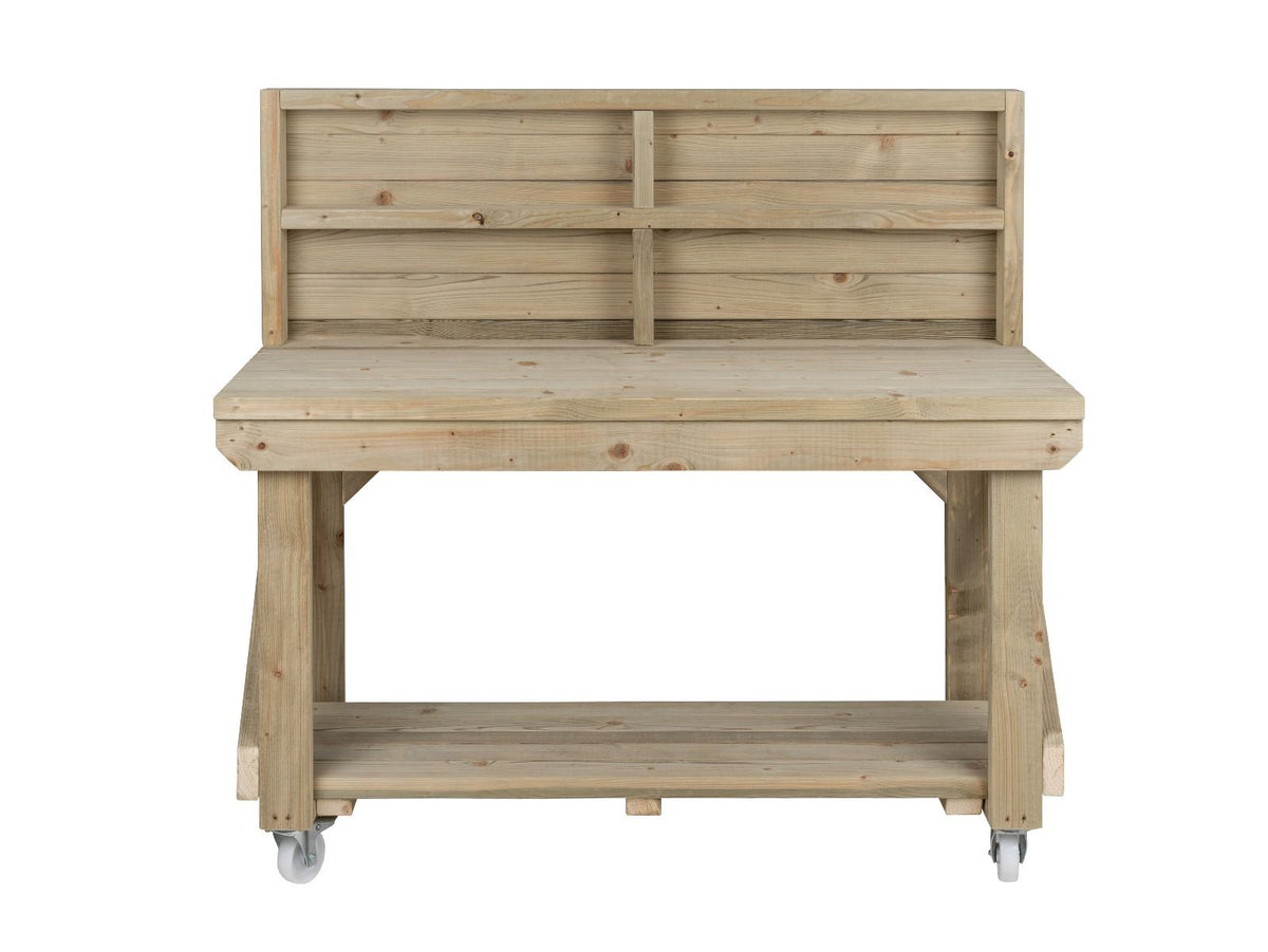 Indoor/outdoor workbench, pressure treated bench with back panel and wheels