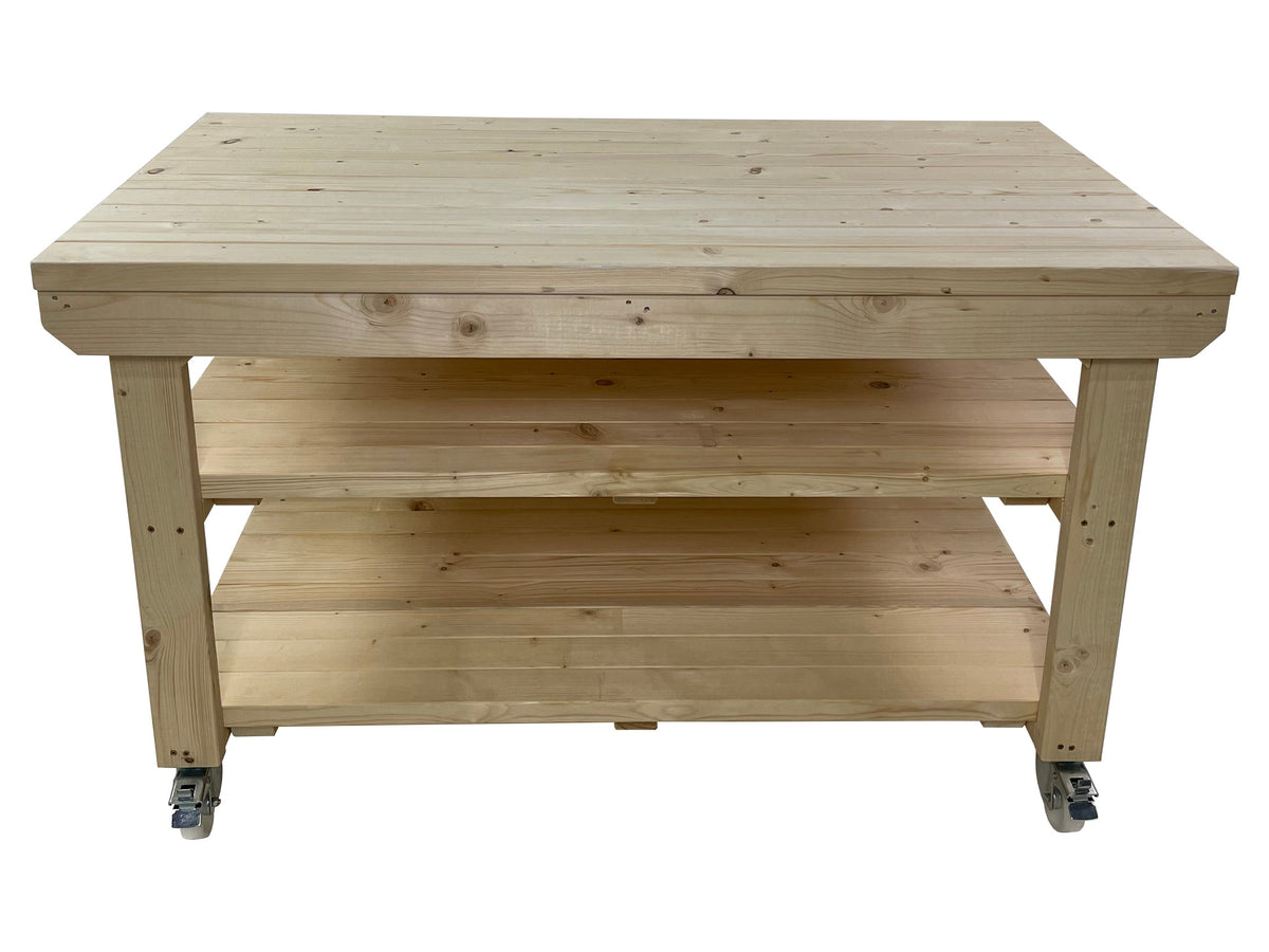 Rotem Wooden Kiln-Dry Workbench Depth-3ft With Wheels and Double Shelf