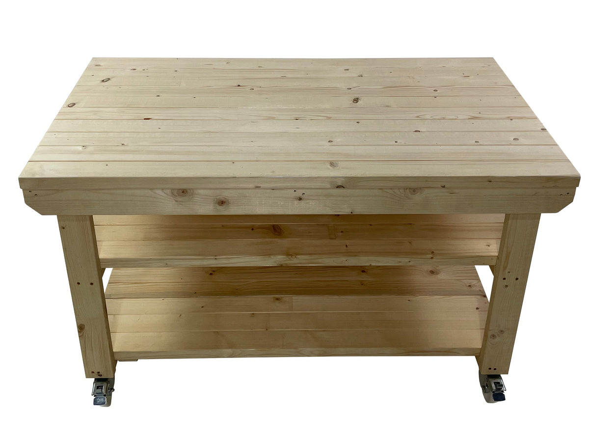 Rotem Wooden Kiln-Dry Workbench Depth-3ft With Wheels and Double Shelf