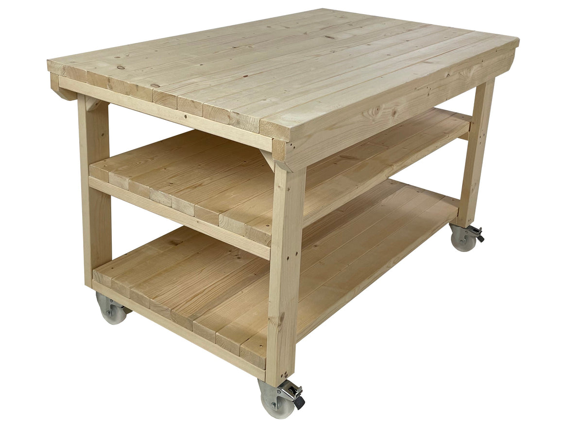 Rotem Wooden Kiln-Dry Workbench Depth-3ft With Wheels and Double Shelf