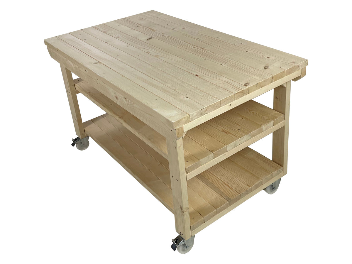 Rotem Wooden Kiln-Dry Workbench Depth-3ft With Wheels and Double Shelf