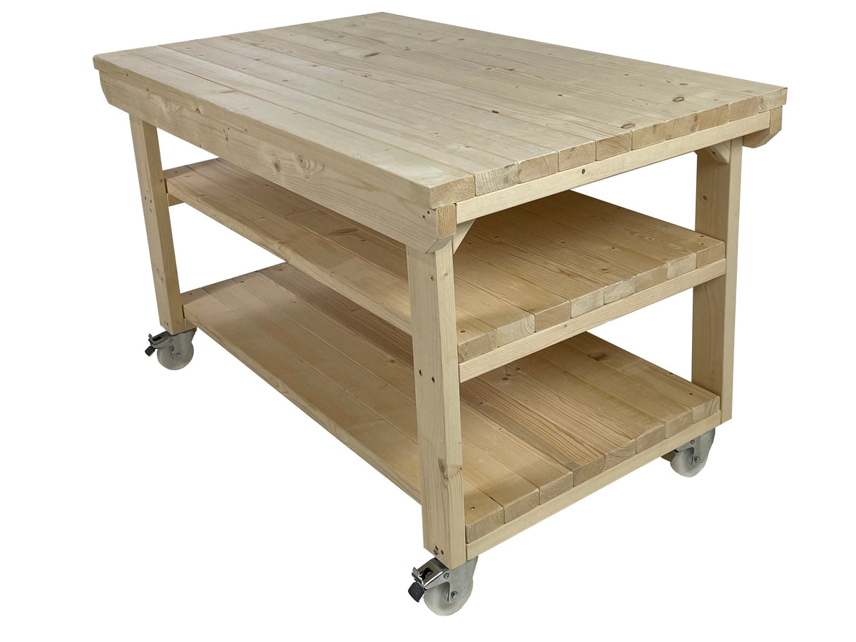 Rotem Wooden Kiln-Dry Workbench Depth-3ft With Wheels and Double Shelf
