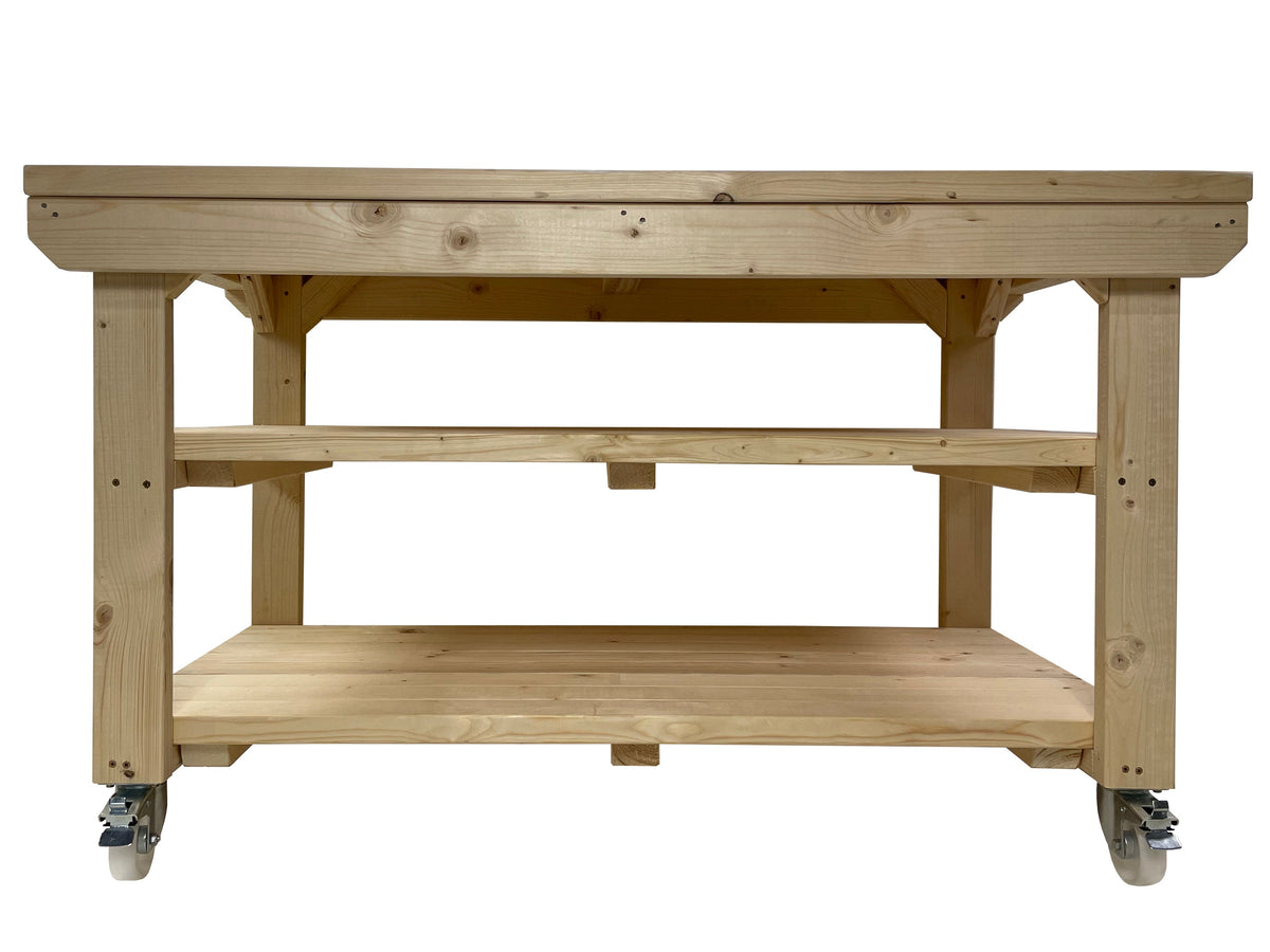 Rotem Wooden Kiln-Dry Workbench Depth-3ft With Wheels and Double Shelf