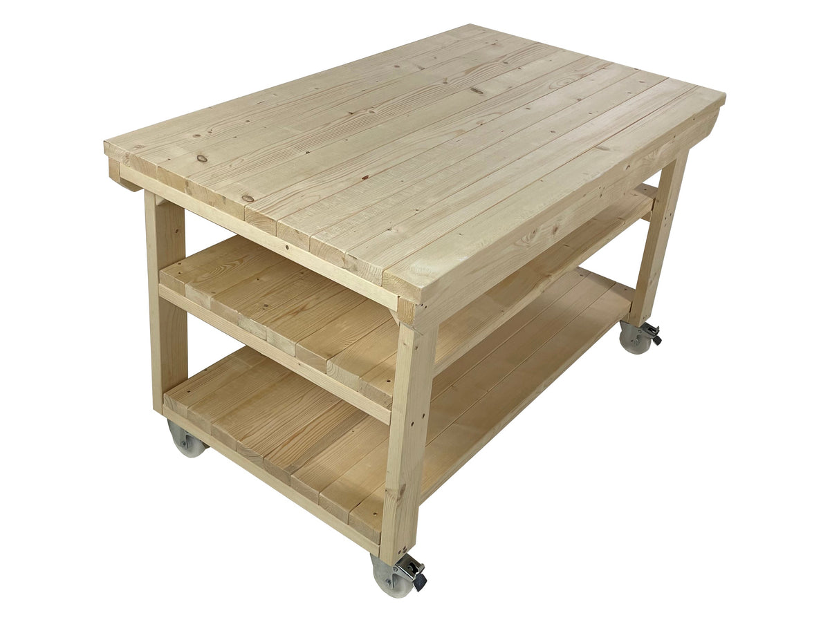 Rotem Wooden Kiln-Dry Workbench Depth-3ft With Wheels and Double Shelf
