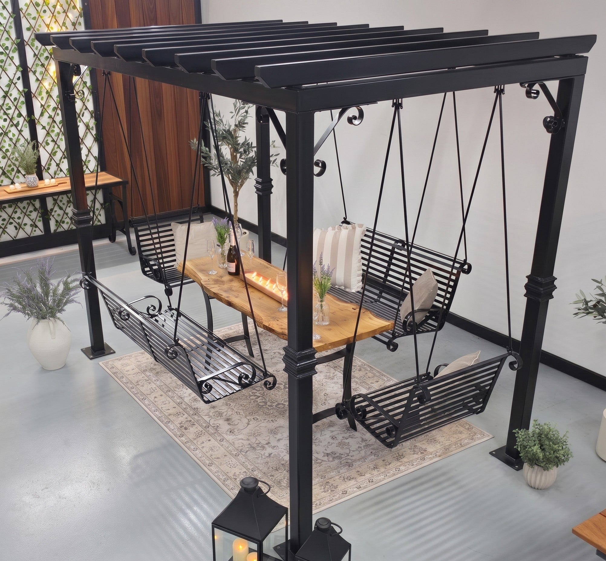 Bespoke Galvanised Steel Garden Pergola with Swing Seating & IPE Hardwood Table