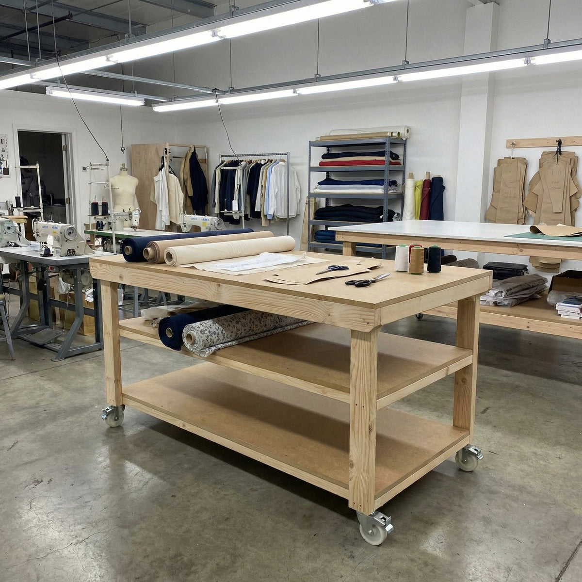 Wooden Workbench MDF Top Depth-3ft With Wheels and Double Shelf
