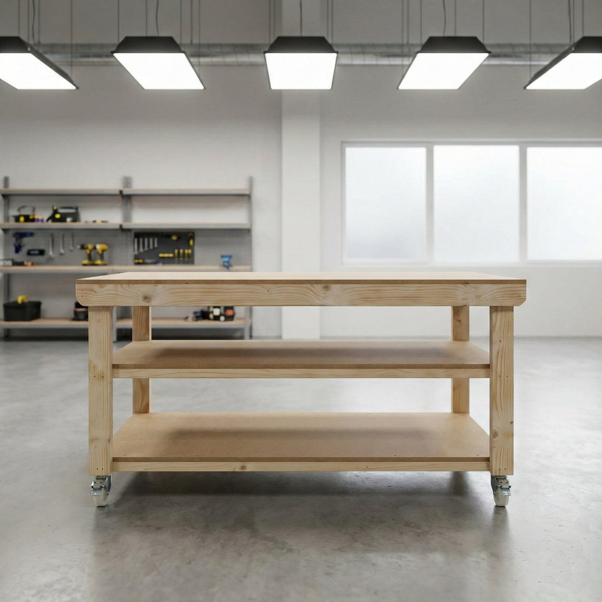 Wooden Workbench MDF Top Depth-3ft With Wheels and Double Shelf