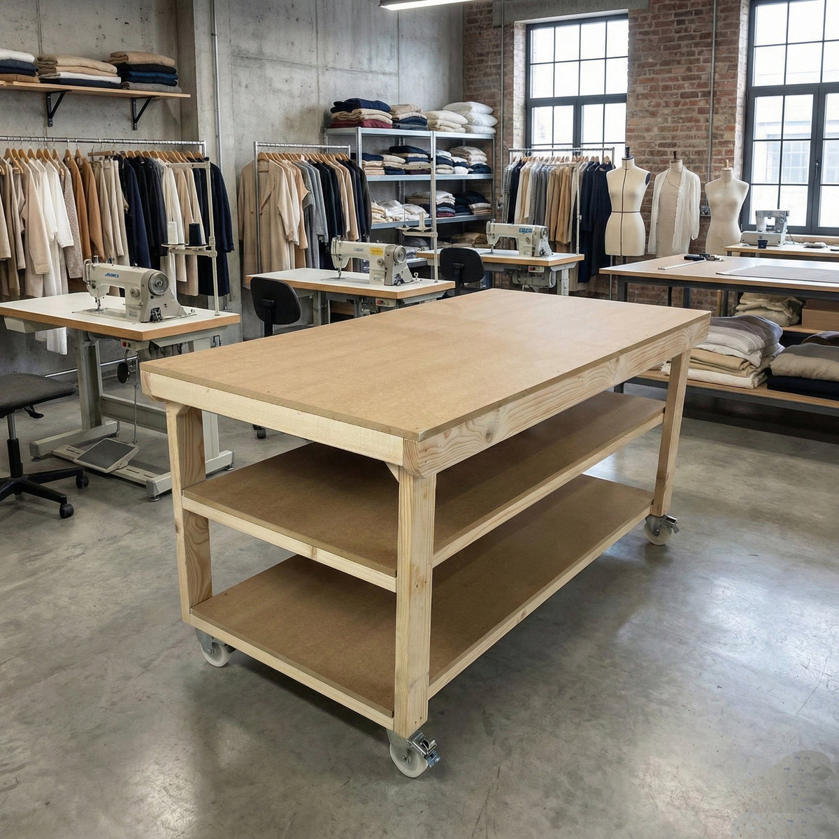 Wooden Workbench MDF Top Depth-3ft With Wheels and Double Shelf