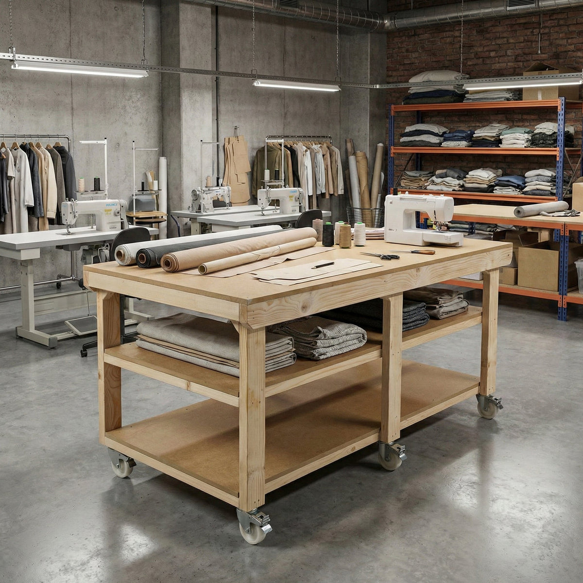 Wooden Workbench MDF Top Depth-3ft With Wheels and Double Shelf