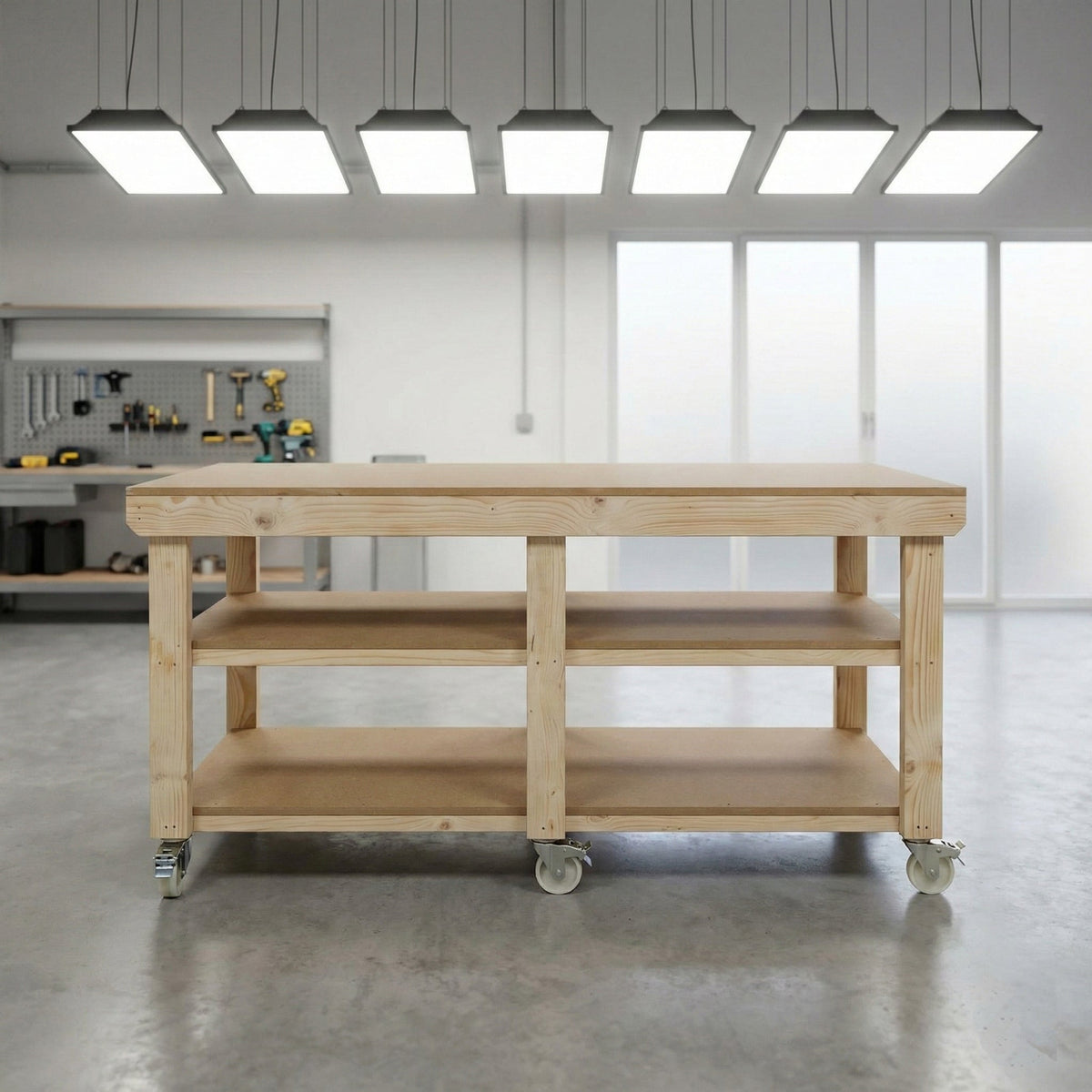 Wooden Workbench MDF Top Depth-3ft With Wheels and Double Shelf