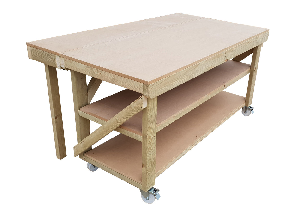 Wooden MDF Top Workbench With Extendable Working Surface with Double Shelf and Wheels