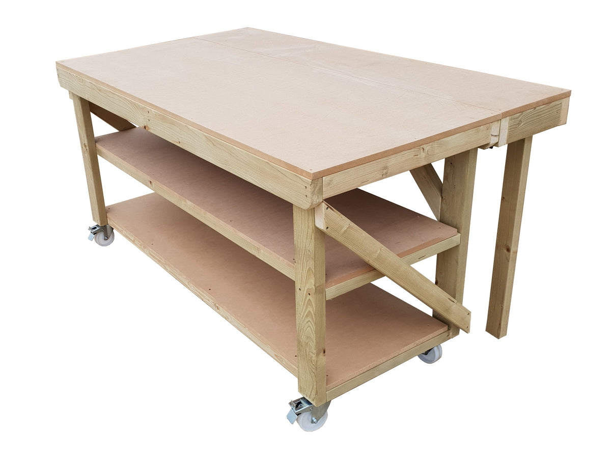 Wooden MDF Top Workbench With Extendable Working Surface with Double Shelf and Wheels