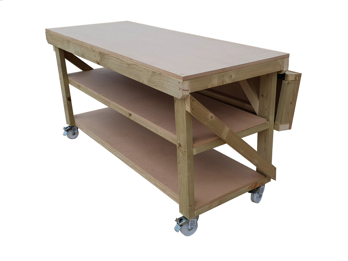 Wooden MDF Top Workbench With Extendable Working Surface with Double Shelf and Wheels