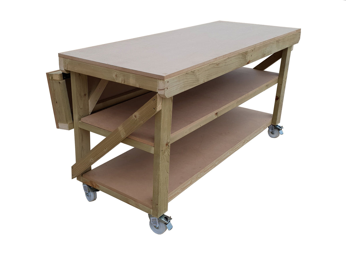 Wooden MDF Top Workbench With Extendable Working Surface with Double Shelf and Wheels