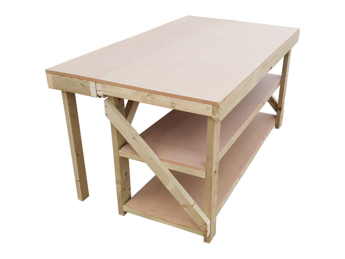 Wooden MDF Top Workbench With Extendable Working Surface and Double Shelf