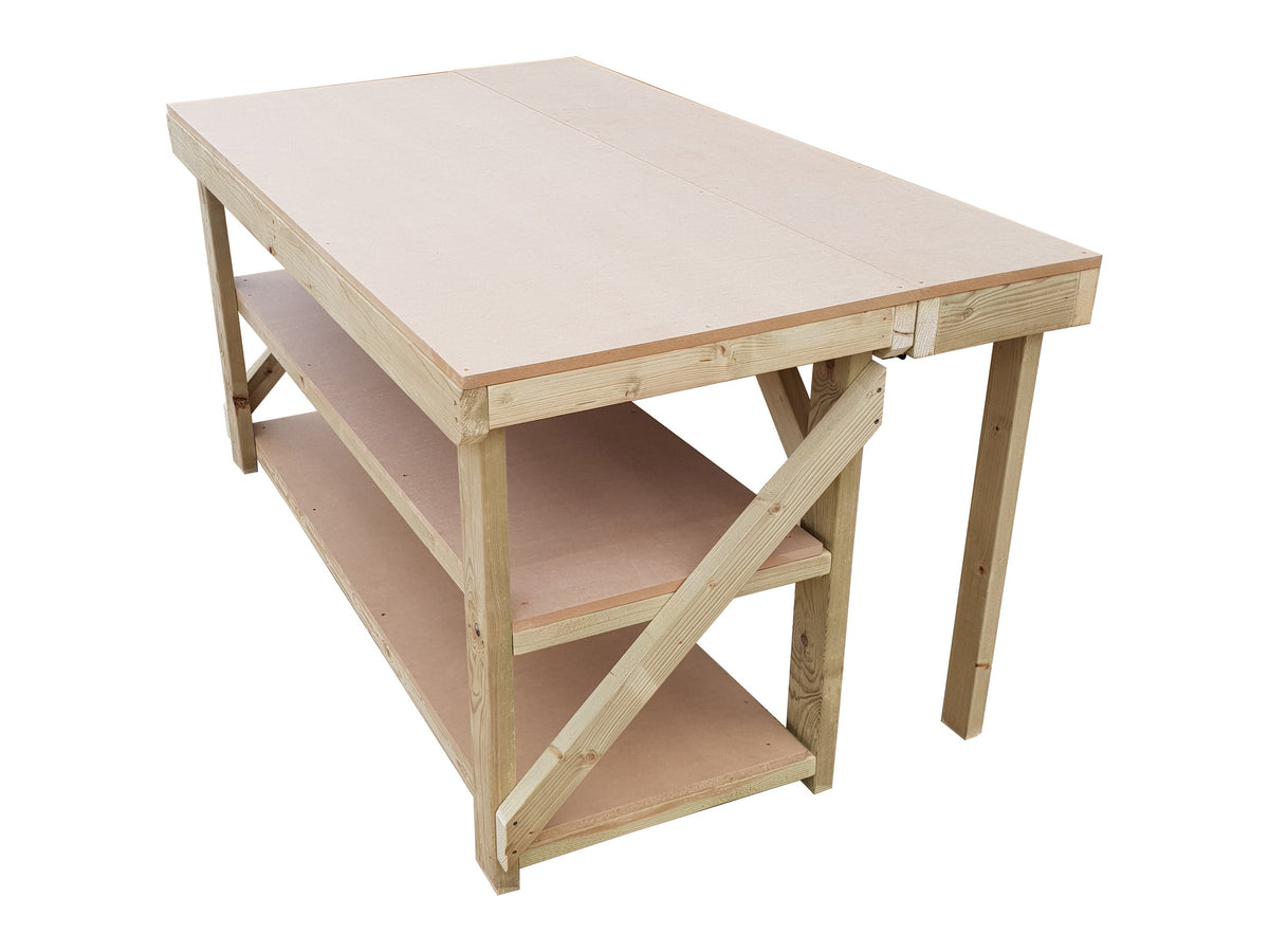 Wooden MDF Top Workbench With Extendable Working Surface and Double Shelf