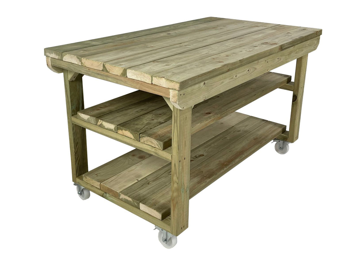 Wooden Super Heavy Duty Indoor/Outdoor Workbench 3ft-Depth Double Shelf and Wheels