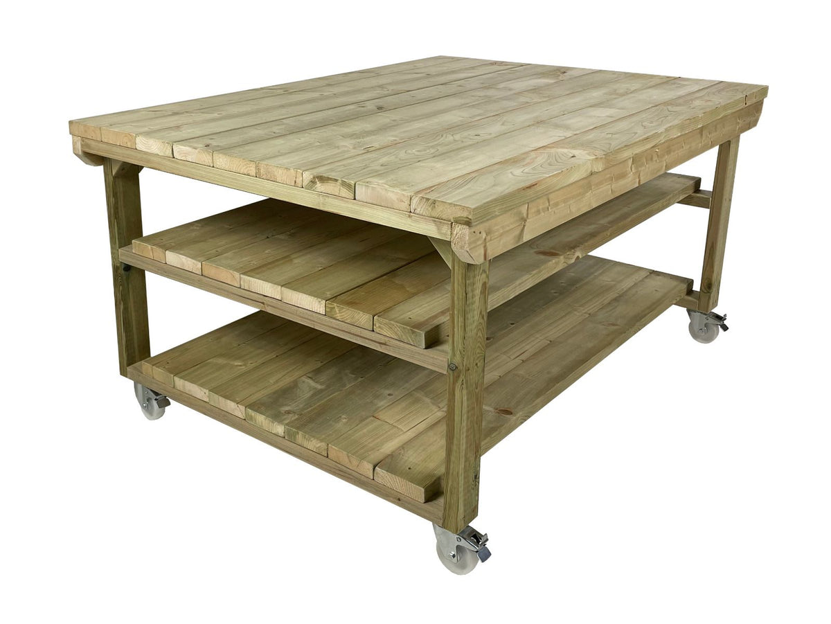 Wooden Super Heavy Duty Indoor/Outdoor Workbench 4ft-Depth Double Shelf and Wheels