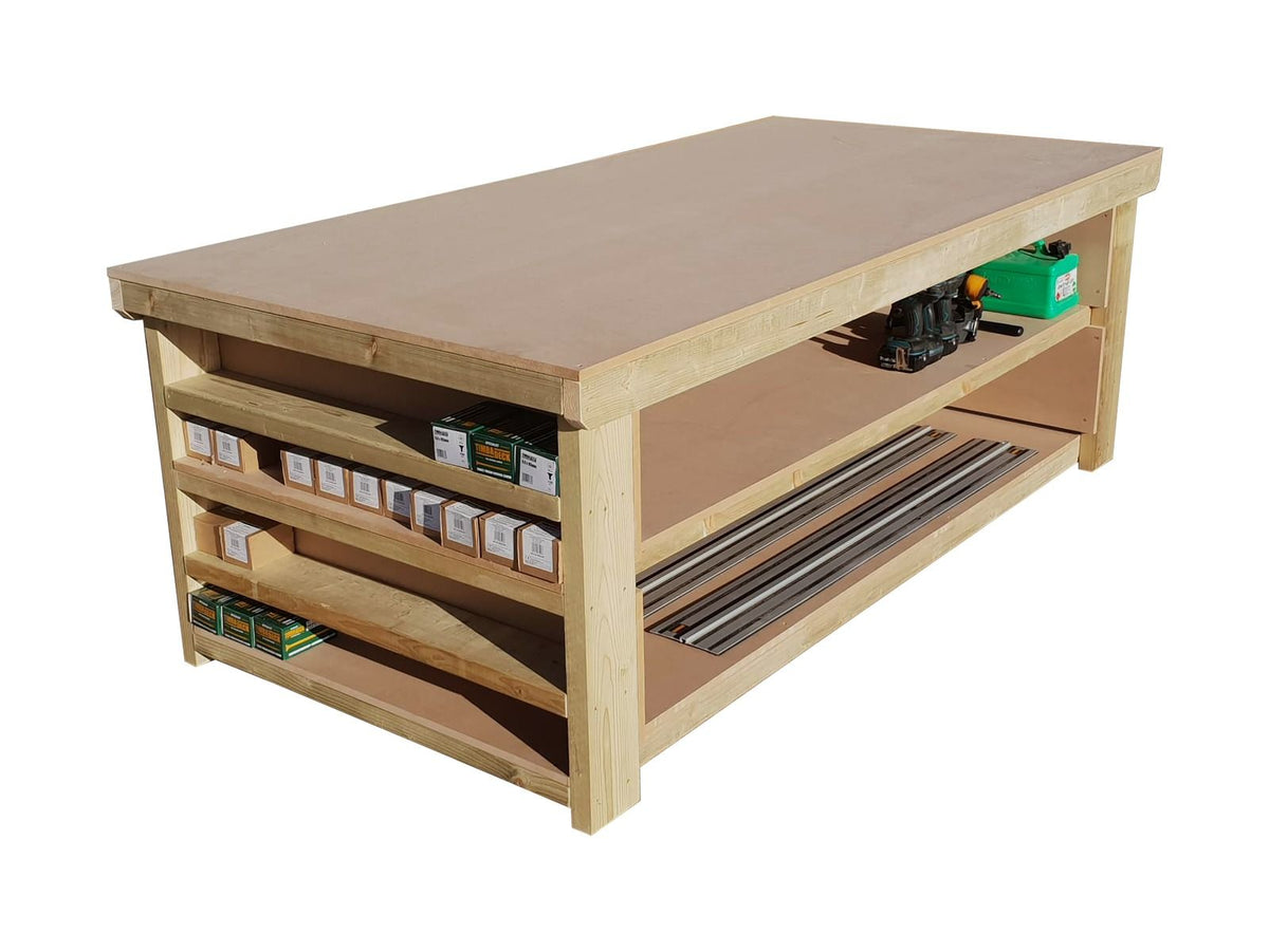 Wooden Workbench MDF Top with Extra shelving Depth-4ft With Double Shelf
