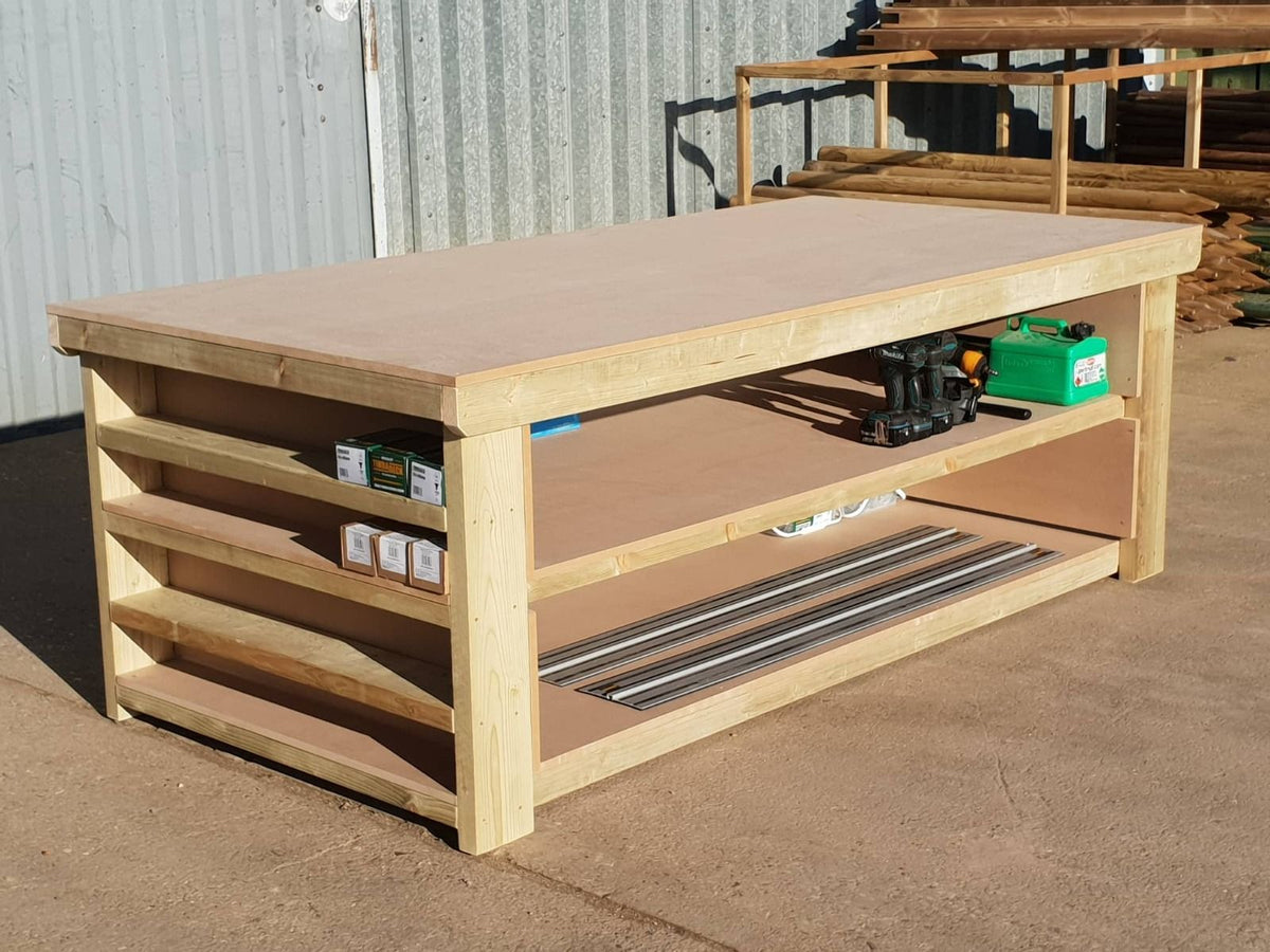 Wooden Workbench MDF Top with Extra shelving Depth-4ft With Double Shelf