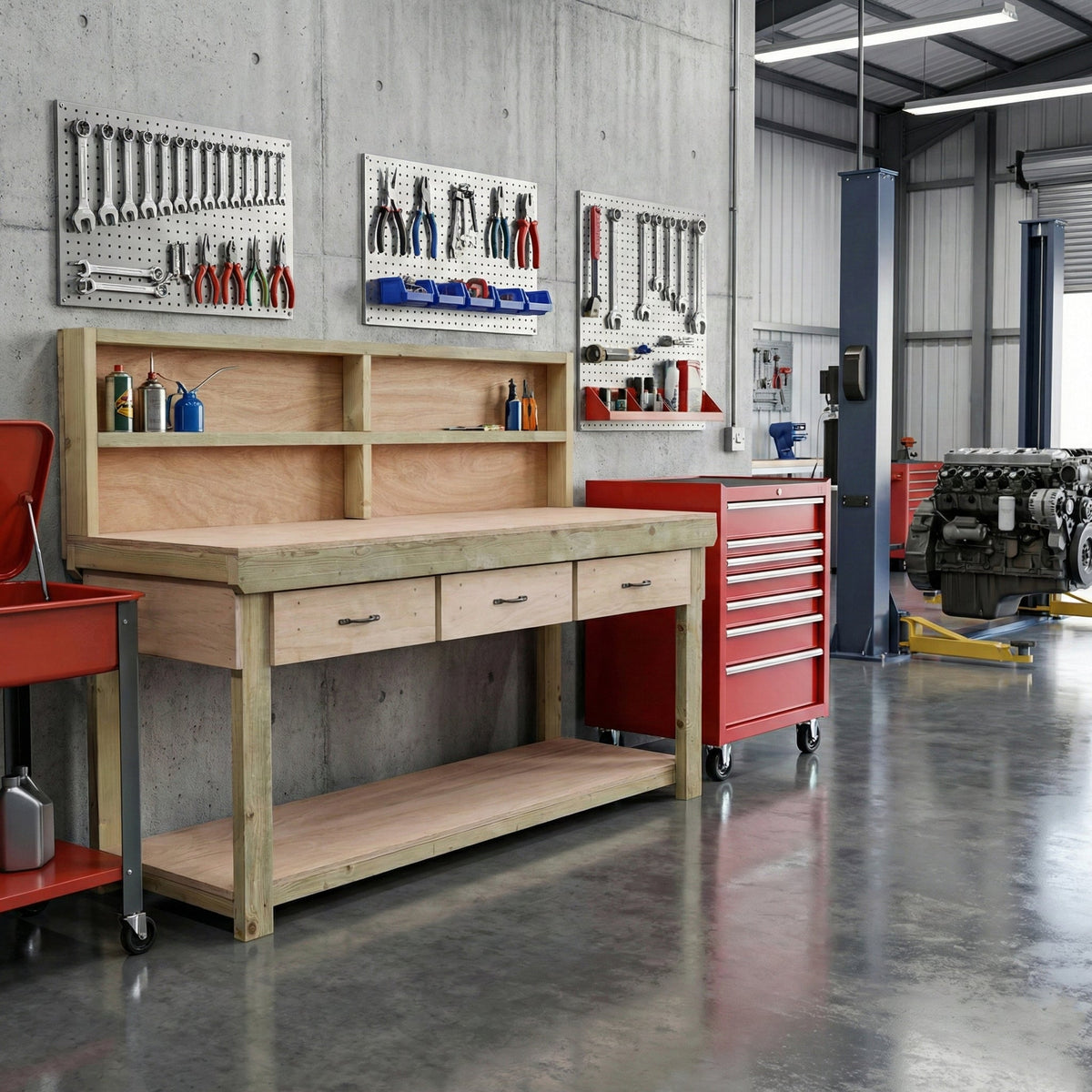 Wooden Eucalyptus hardwood workbench, tool cabinet with drawer (V.1) with back