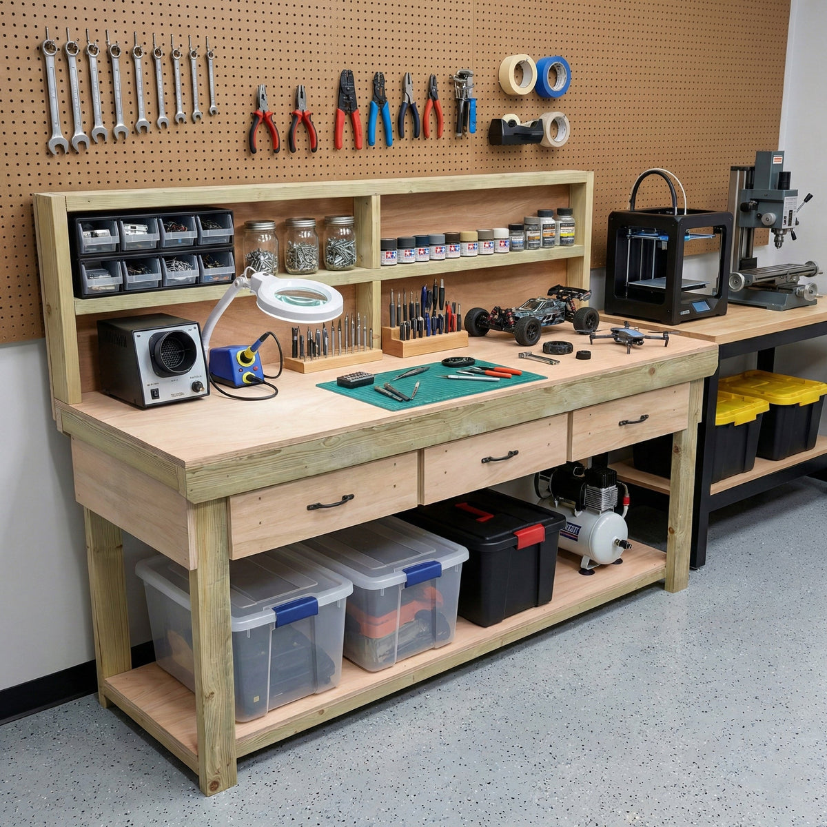 Wooden Eucalyptus hardwood workbench, tool cabinet with drawer (V.1) with back