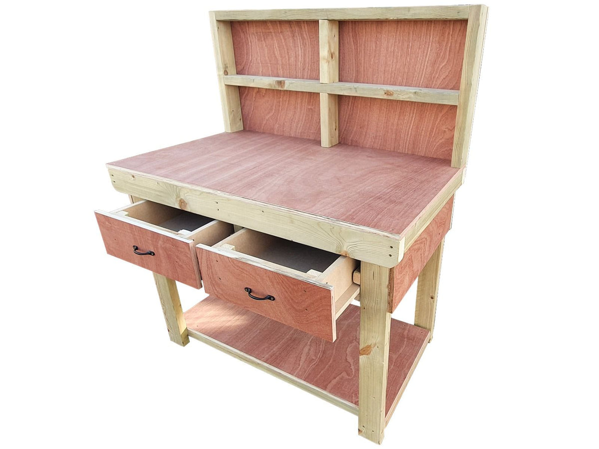 Wooden Eucalyptus hardwood workbench, tool cabinet with drawer (V.1) with back